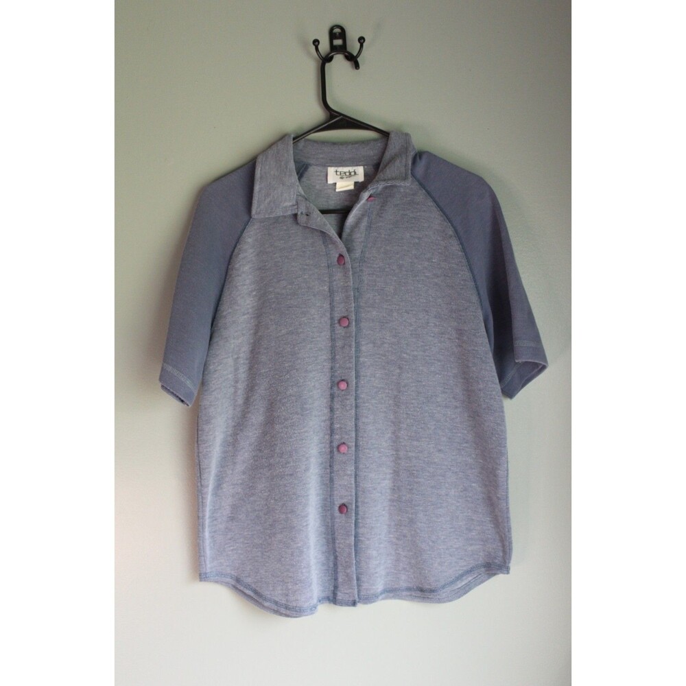 Vintage Mens Teddi Button-up Shirt Blue with Purple Buttons Size Small